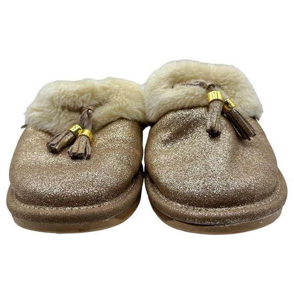 Sperry Rare Top Sider Gold Glitter Fur Trim Leather Slip On Comfy Clog Slippers - Picture 4 of 14
